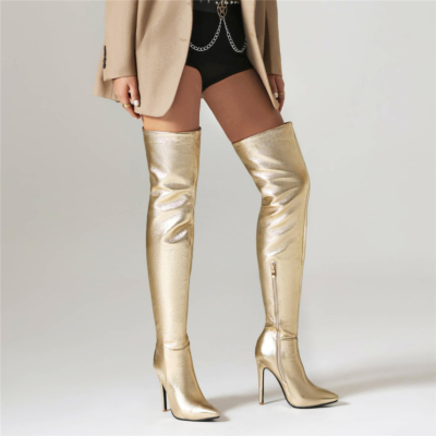 Goldene Metallic-Stiletto-Oberschenkelhohe Stiefel Litichi Grain Dress Overknee-Stiefel