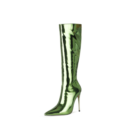 Grüner Spiegel, lange, kniehohe Stiefel, glänzende Stiefel mit Metallic-Stiletto-Absatz