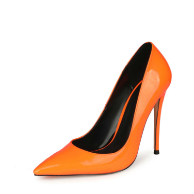 Neon Orange Lackleder Lackleder Pumps Sommer Damen Court High Heels