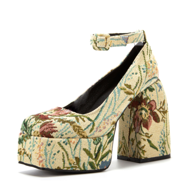 Blumen-Plateau-Mary-Jane-Absätze mit klobigen Absätzen und Knöchelriemen-Schuhen für Damen