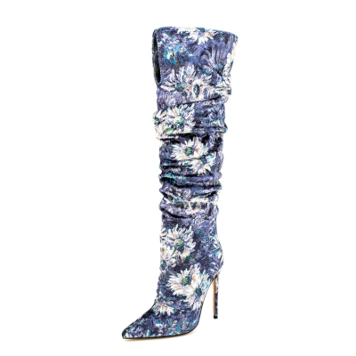 Marineblaue, mit Blumen bedruckte, spitze Zehenpartie und kniehohe Stiefel mit Stiletto-Absatz