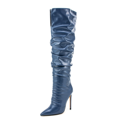 Marineblaue Wrinkle Vague kniehohe Stiefel aus Leder mit spitzer Zehenpartie und Stilettoabsatz