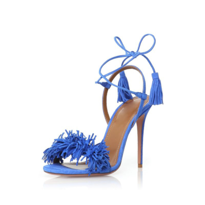 Blaue Open Toe Lace Up Stiletto Heels Sandalen Fashion Fringe Schuhe