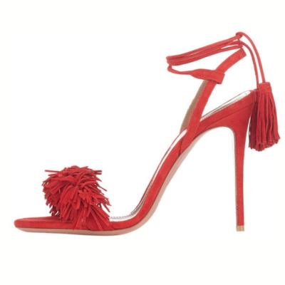 Rote Open Toe Lace Up Stiletto Heels Sandalen Fashion Fringe Schuhe