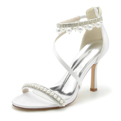 Weiße Open-Toe-Perlen- und Strass-Knöchelriemen-Sandalen Stiletto-Absatz-Hochzeitsschuhe