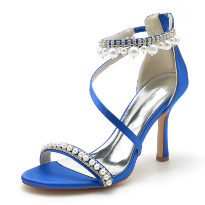 Royal Blue Open Toe Perle und Strass Knöchelriemen Sandalen Stiletto-Absatz Hochzeitsschuhe