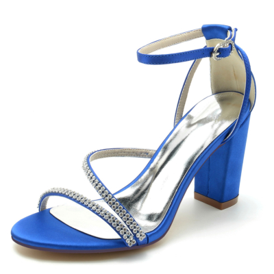 Königsblaue offene Zehensteg-Sandalen aus Satin mit Knöchelriemen und klobigem Absatz