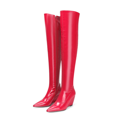Rote Keilabsatz-Overknee-Stiefel Glänzende PU-Stiefel mit Reißverschluss