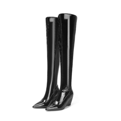Schwarze Overknee-Stiefel mit Keilabsatz, glänzende PU-Stiefel mit Reißverschluss und spitzer Zehenpartie