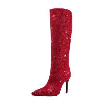 Rote Party-Strass-Stiefel, Stiletto-Absatz, spitze Zehenpartie, juwelenbesetzte kniehohe Stiefel