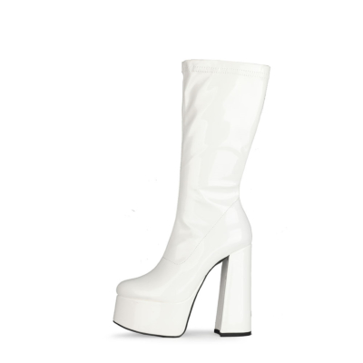 Weißes Lackleder, minimalistische Chunky Heel Round Toe Zipper Pleaser Stiefel