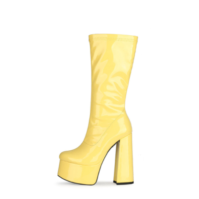Pleaser Stiefel aus gelbem Lackleder mit minimalistischem klobigem Absatz und rundem Zehenreißverschluss