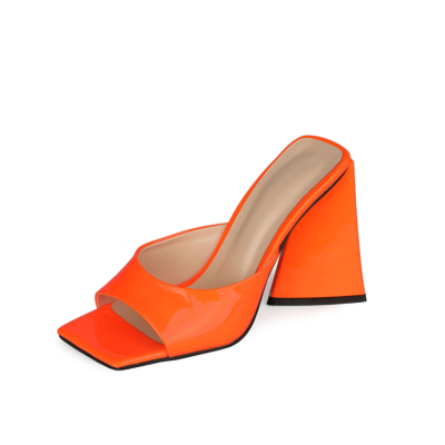 Orange Lackleder Party Mule Sandalen Square Toe Slides mit Blockabsatz 4 Zoll