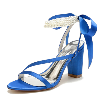 Königsblaue Perlen-Knöchelriemen-Sandalen mit klobigen Absätzen, Hochzeitsschuhe mit Schleife hinten