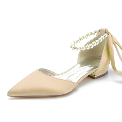 Champage Pearl Ankle Strap Satin Flats Pointed Toe D'Orsay Schuhe für die Arbeit