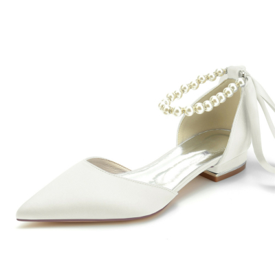 Elfenbein Pearl Ankle Strap Satin Flats Pointed Toe D'Orsay Schuhe für die Arbeit
