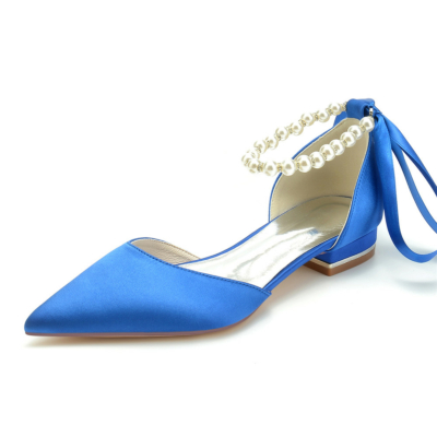 Royal Blue Pearl Ankle Strap Satin Flats Pointed Toe D'Orsay Schuhe für die Arbeit