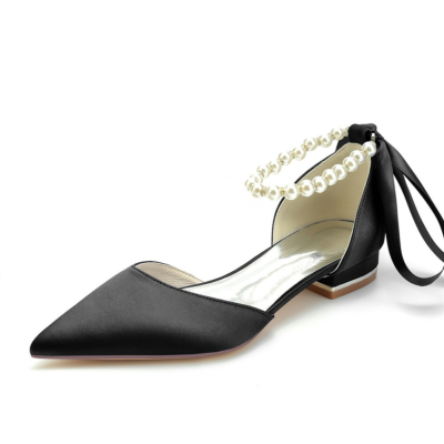 D'Orsay-Schuhe mit schwarzem Perlenknöchelriemen aus Satin mit spitzer Zehenpartie für die Arbeit