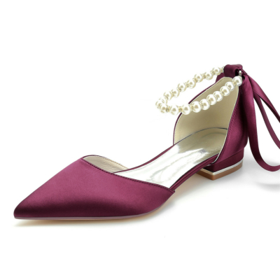 Burgund Pearl Ankle Strap Satin Flats Pointed Toe D'Orsay Schuhe für die Arbeit