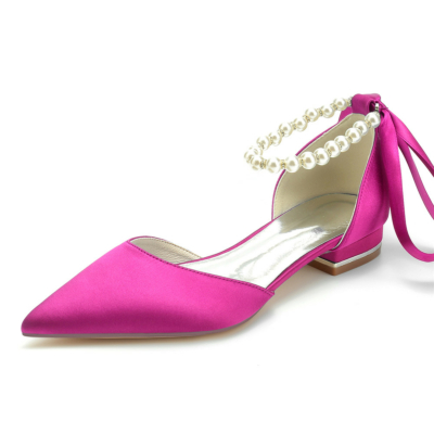 Magenta Pearl Ankle Strap Satin Flats Pointed Toe D'Orsay Schuhe für die Arbeit