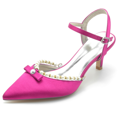 Magenta Pearl Bow Ankle Strap Low Heels Spitzschuh Bequeme Pumps Schuhe