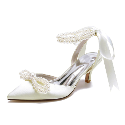 Ivory Pearl Bow Satin Pointed Toe Kitten Heel Strappy Slingback Sandals