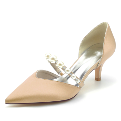 Champagne Pearl Verzierte Low Heels D'Orsay Pumps Schuhe für die Hochzeit