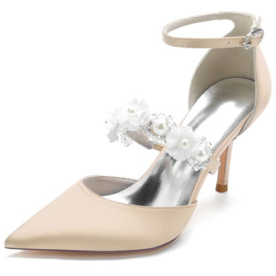 Champagner Perlenverzierte Riemen D'orsay Pumps Satin Stiletto Heels für die Hochzeit