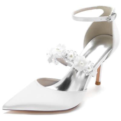 Perlenverzierte Riemen D'orsay Pumps Satin Stiletto Heels für die Hochzeit