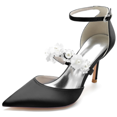 Schwarze perlenverzierte D'orsay-Pumps mit Riemchen aus Satin mit Stiletto-Absatz für die Hochzeit