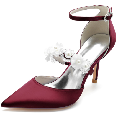 Burgund Perlenverzierte Riemen D'Orsay Pumps Satin Stiletto Heels für die Hochzeit