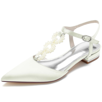 Elfenbeinfarbene Perlen verzierte Flache Schuhe mit T-Riemen und rückenfreiem Satin für die Hochzeit