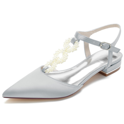 Graue, mit Perlen verzierte flache Schuhe mit T-Riemen und rückenfreiem Satin für die Hochzeit
