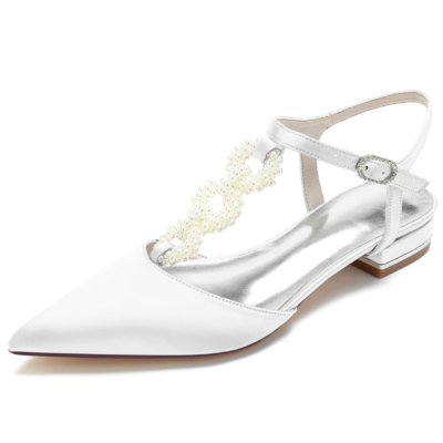 Weiße Perlenverzierte Flache Schuhe mit T-Riemen Rückenfreie Flache Schuhe aus Satin für die Hochzeit