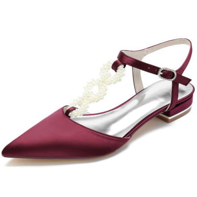 Burgunderfarbene Perlenverzierte T-Strap-Flache Schuhe ohne Rücken aus Satin für die Hochzeit