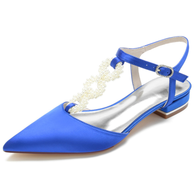 Königsblaue, perlverzierte flache Schuhe mit T-Riemen und rückenfreiem Satin für die Hochzeit
