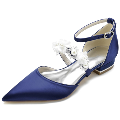 Marineblaue Perlen-Blumen-Riemen-flache Schuhe Satin-D'orsay-Brauthochzeits-Flache Schuhe