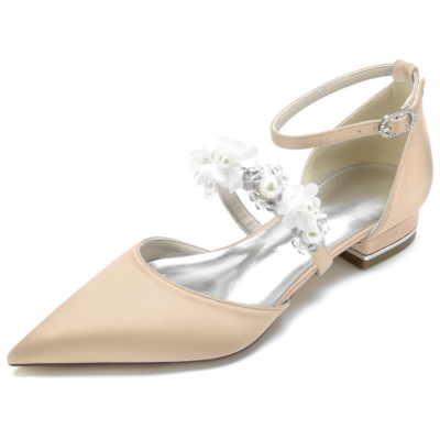 Champagnerfarbene Perlen-Blumen-Riemen-flache Schuhe Satin-D'orsay-Brauthochzeits-Flache Schuhe