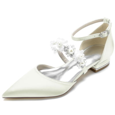 Elfenbein Perle Blumen Riemen Flache Schuhe Satin D'orsay Brauthochzeits-Flache Schuhe