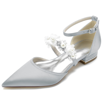 Graue Perlen-Blumen-Riemen-flache Schuhe Satin D'orsay Brauthochzeits-Flache Schuhe
