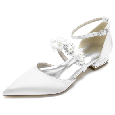 Weiße Perlen-Blumen-Riemen-flache Schuhe Satin-D'orsay-Brauthochzeits-Flache Schuhe