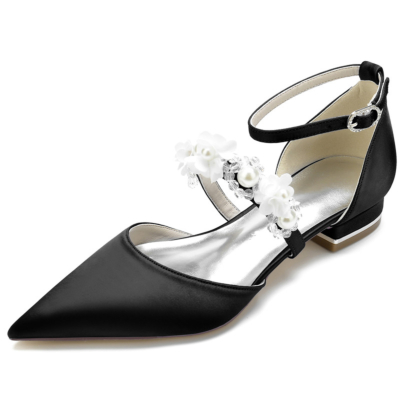Schwarze Perlen-Blumen-Riemen-flache Schuhe Satin D'orsay Brauthochzeits-Flache Schuhe