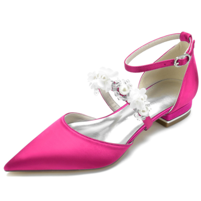 Flache Schuhe mit magentafarbenem Perlen-Blumen-Riemen Satin D'orsay Brauthochzeits-Flache Schuhe