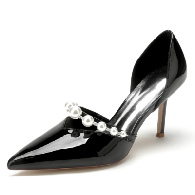 Schwarze Pearl Strap D'orsay Pumps Schuhe Slip On V Vamp Kleider Heels