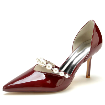 Burgunderfarbene D'orsay-Pumps mit Perlenriemen, Schuhe zum Hineinschlüpfen mit V-Vamp-Kleiderabsätzen