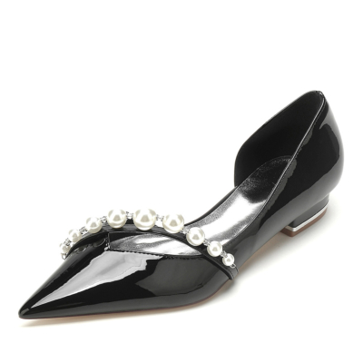 Schwarze Hochzeits-D'orsay-Flats-Schuhe mit spitzen Zehen, flache Brautschuhe mit Perlenriemen