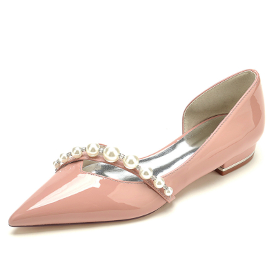 Rosa Hochzeits-D'orsay-Flats-Schuhe mit spitzen Zehen, flache Brautschuhe mit Perlenriemen