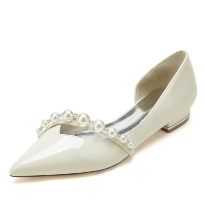 Beige Hochzeits-D'orsay-Flats-Schuhe mit spitzen Zehen, flache Brautschuhe mit Perlenriemen