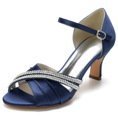 Marineblaue Peeptoe-Sandalen mit Knöchelriemchen von D'Orsay mit Blockabsatz
