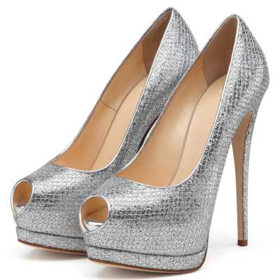 Silber Glitter Peep Toe Plateau Pumps mit Stiletto Heels Kleider Pailletten Schuhe